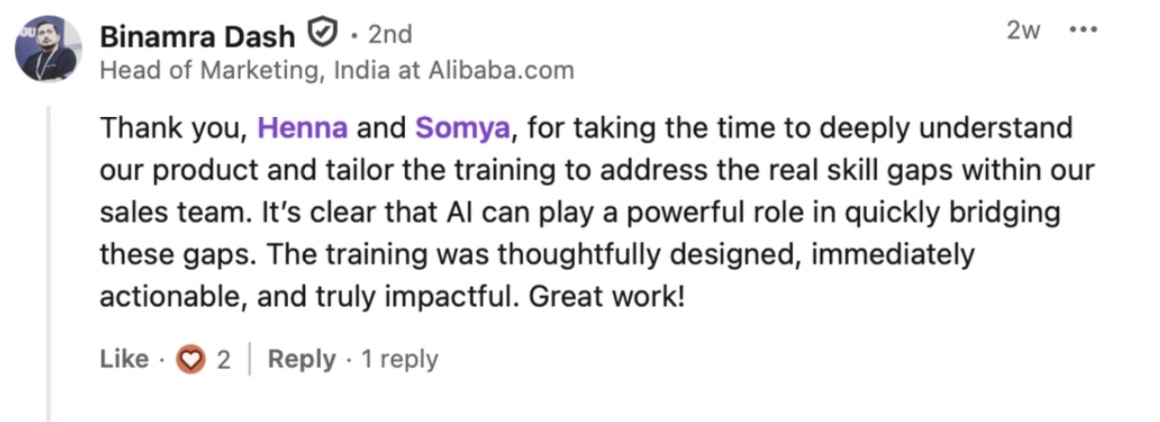 LinkedIn testimonial from Binamra Dash