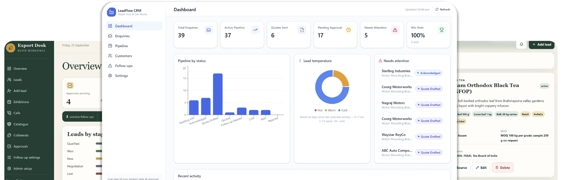 Export sales workspace and LeadFlow CRM dashboard