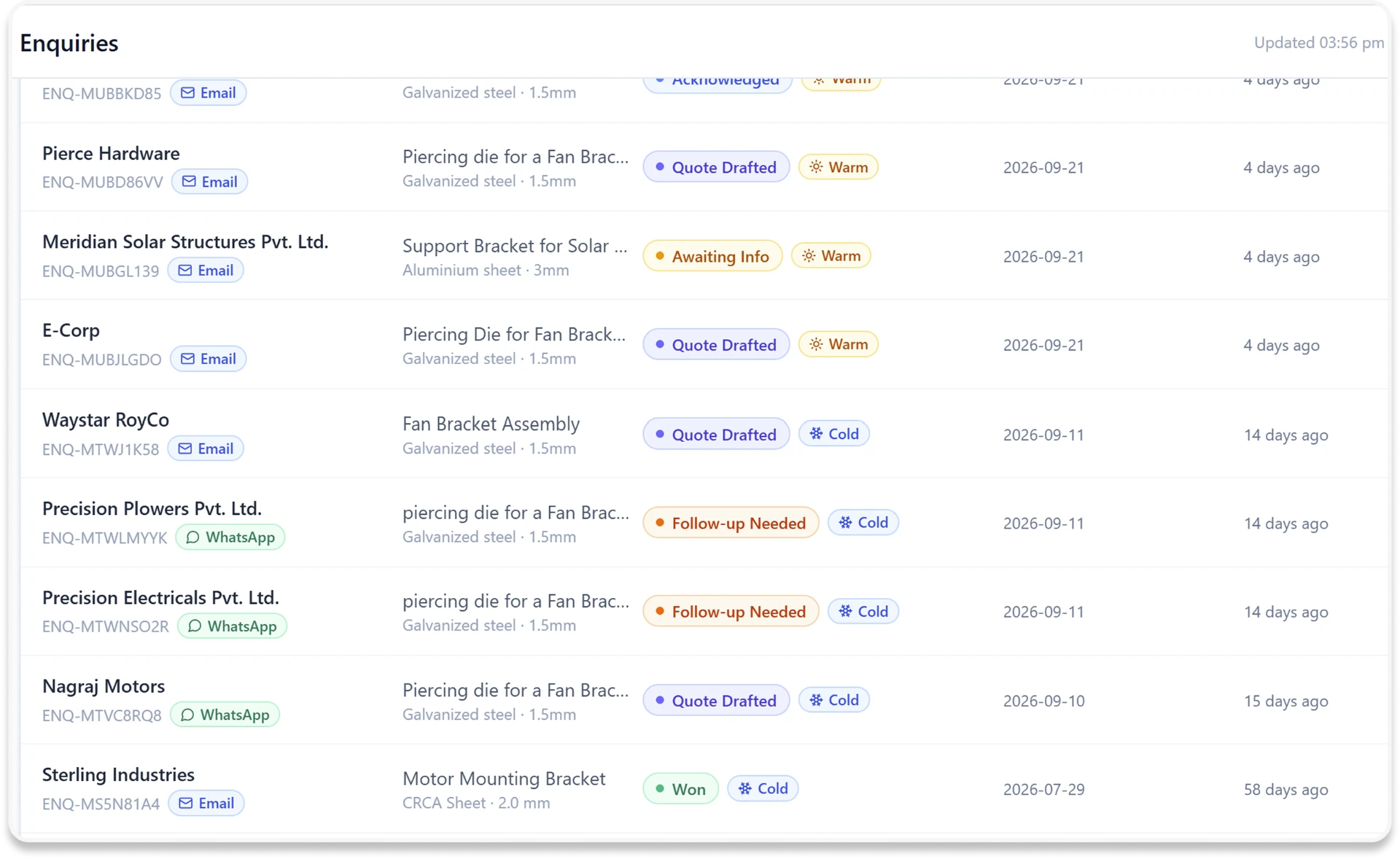 Enquiries list showing every export lead with its status