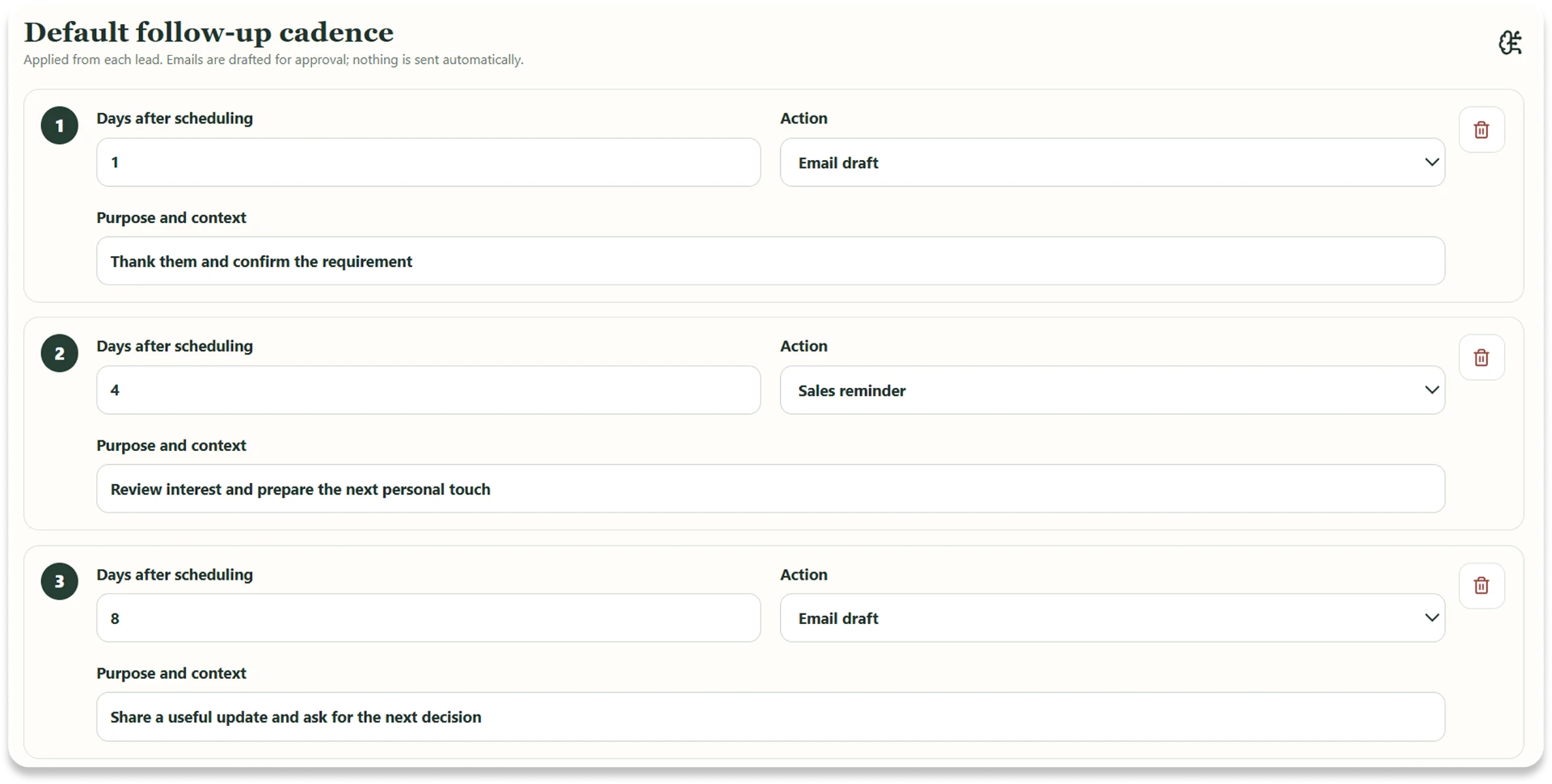 Default follow-up cadence with scheduled email drafts and sales reminders