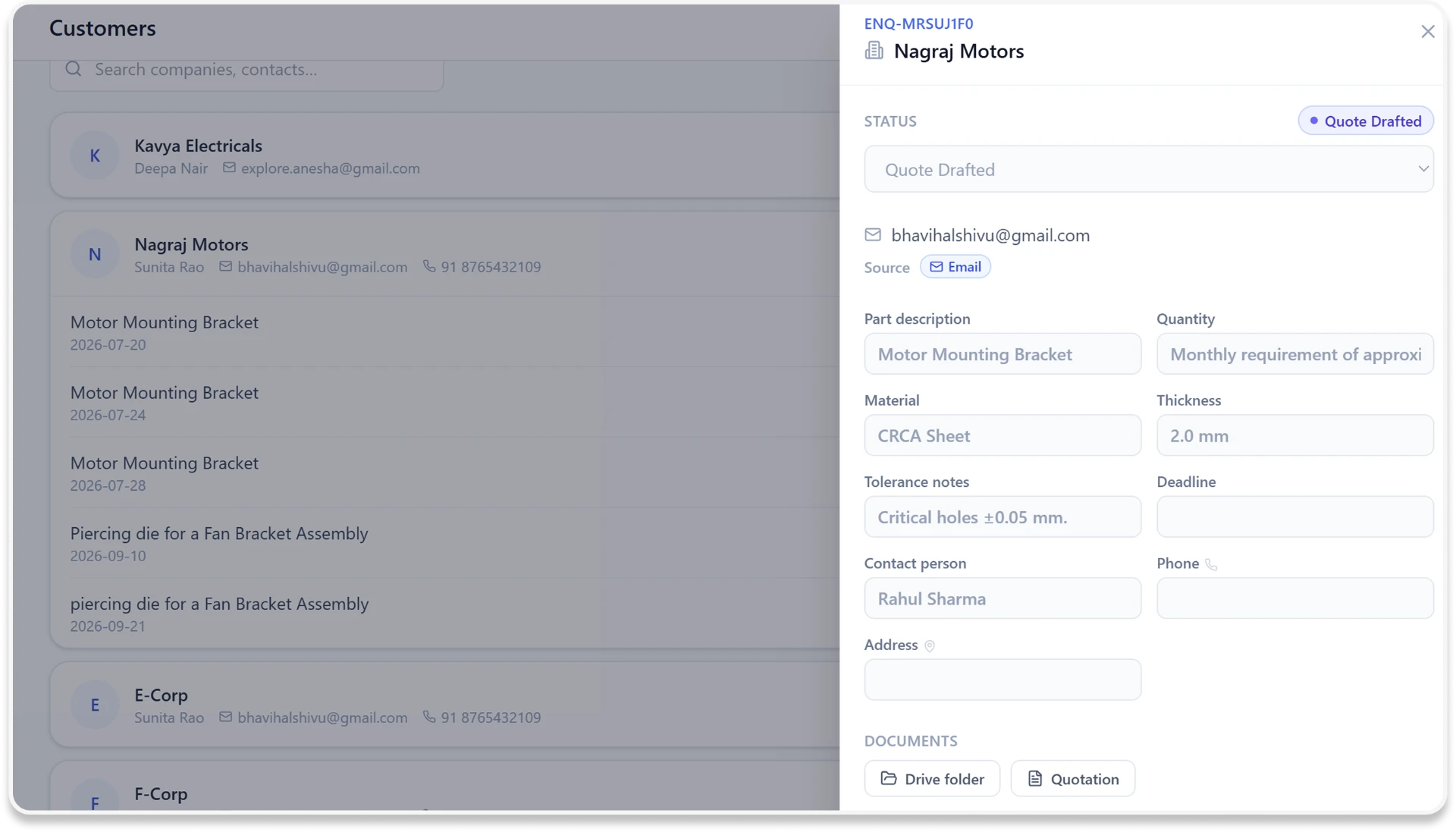 Customer enquiry panel with quotation details, documents and approvals